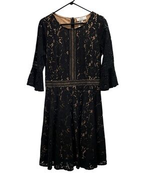 MISSMAY Black Floral Lace Bell Sleeve Cocktail Dress Nude Lining Size Large